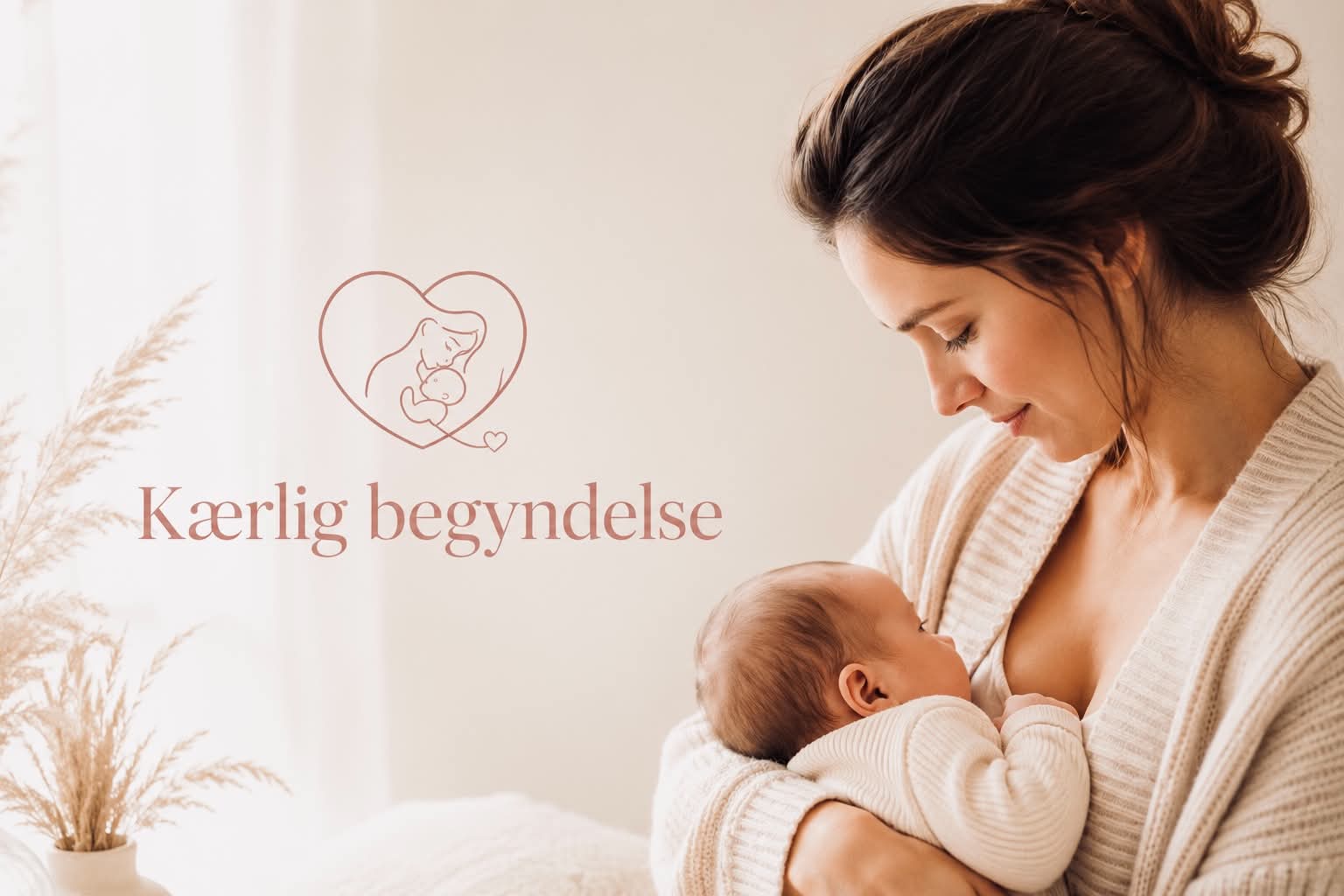 En mor ammer sit spædbarn i lyse, rolige omgivelser. Tekst på billedet: Kærlig begyndelse.